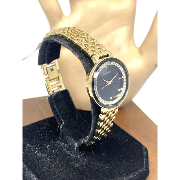 Armitron Women\'s Watch 75/5796GP Black Dial Quartz Gold Tone Steel Gemmed 28mm